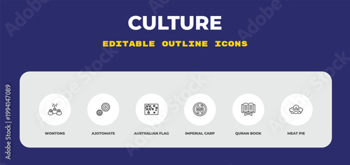 outline culture icons set - wontons, ajotomate, australian flag. editable vector for web and mobile ui