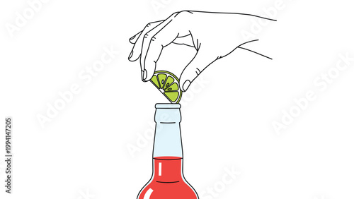 Artistic line drawing shows a hand placing a fresh lime wedge into the opening of a bottle containing a bright red beverage.
