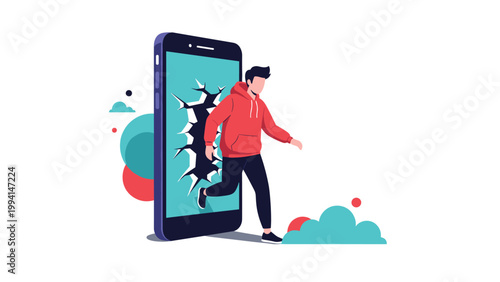 Man in a red hoodie steps out of a cracked smartphone screen into reality symbolizing a break from digital life or escape.