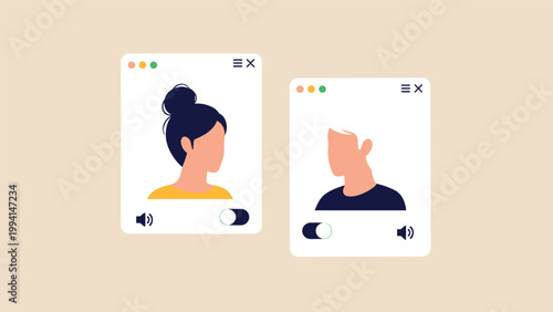 Minimalist windows display avatars of a woman and a man with toggle switches and volume icons for a digital user interface.