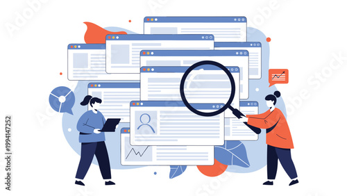 Female employees conducting data analysis and web research using a large magnifying glass over multiple browser windows on a screen.