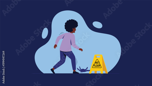 Woman slipping on a wet floor near a yellow caution sign in a minimalist illustrated setting with an abstract blue background.