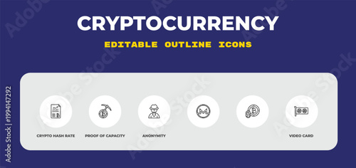 outline cryptocurrency icons set - crypto hash rate, proof of capacity, anonymity. editable vector for web and mobile ui