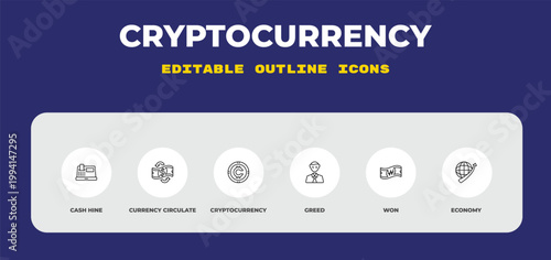outline cryptocurrency icons set - cash hine, currency circulate, cryptocurrency. editable vector for web and mobile ui