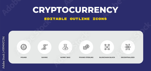 outline cryptocurrency icons set - pound, saving, money bag. editable vector for web and mobile ui