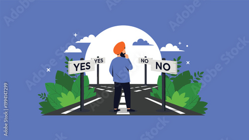Man in a turban standing at a fork in the road contemplating paths marked with yes and no signs under a bright sun.