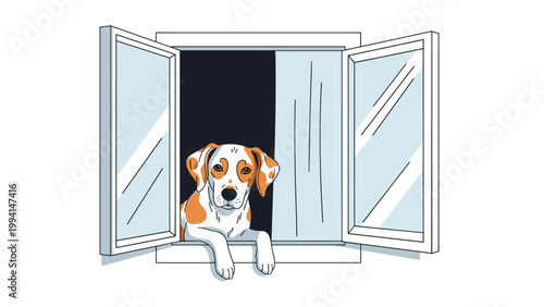 Cute brown and white dog looking out of an open window with its paws resting on the sill against a dark interior.