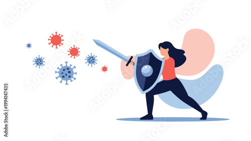 Brave female warrior with a sword and shield defending against flying virus particles representing health protection and immunity.