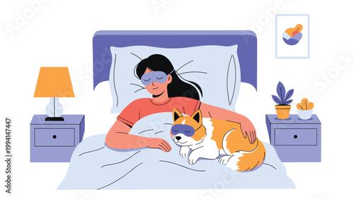 Young woman and her dog both wearing sleep masks resting peacefully in a bed with soft pillows and blue blankets.