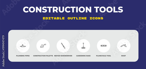 outline construction tools icons set - plumbing pipes, construction palette, repair screwdriver. editable vector for web and mobile ui