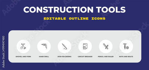 outline construction tools icons set - shovel and fork, hand drill, iron soldering. editable vector for web and mobile ui