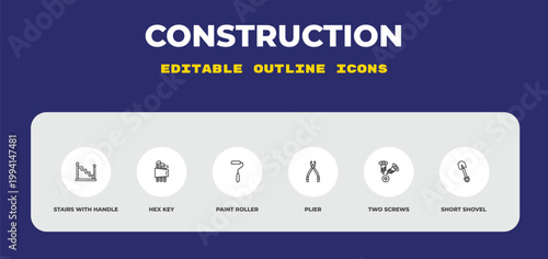 outline construction icons set - stairs with handle, hex key, paint roller. editable vector for web and mobile ui