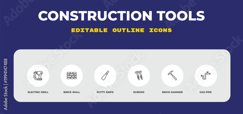outline construction tools icons set - electric drill, birck wall, putty knife. editable vector for web and mobile ui