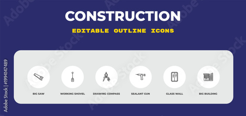 outline construction icons set - big saw, working shovel, drawing compass. editable vector for web and mobile ui
