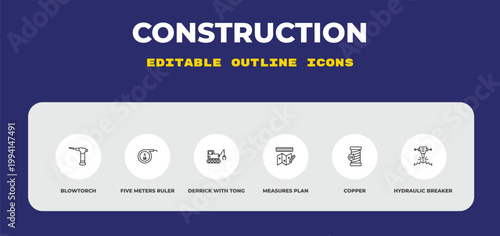 outline construction icons set - blowtorch, five meters ruler, derrick with tong. editable vector for web and mobile ui