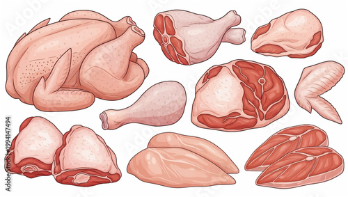 Raw Chicken Cuts and Meat Pieces.