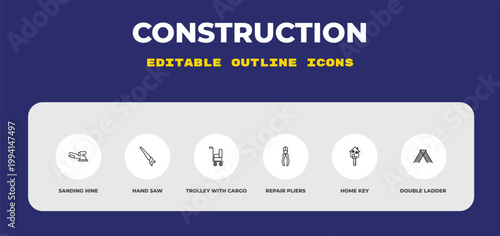 outline construction icons set - sanding hine, hand saw, trolley with cargo. editable vector for web and mobile ui