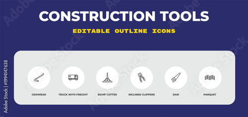 outline construction tools icons set - crowbar, truck with freight, bump cutter. editable vector for web and mobile ui