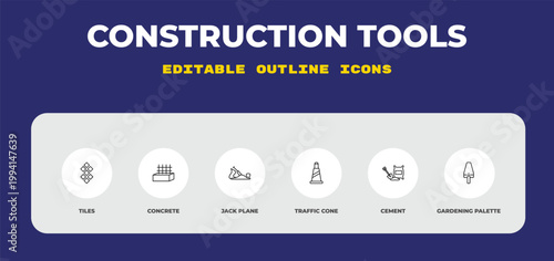 outline construction tools icons set - tiles, concrete, jack plane. editable vector for web and mobile ui