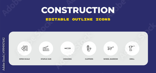 outline construction icons set - open scale, staple gun, drawing. editable vector for web and mobile ui