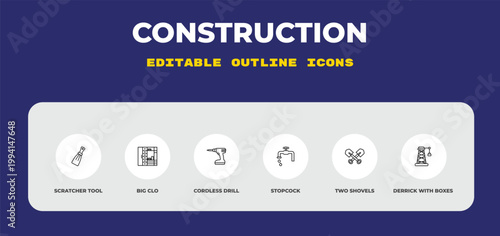 outline construction icons set - scratcher tool, big clo, cordless drill. editable vector for web and mobile ui