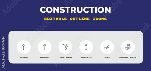 outline construction icons set - warning, plumbing, cement mixers. editable vector for web and mobile ui