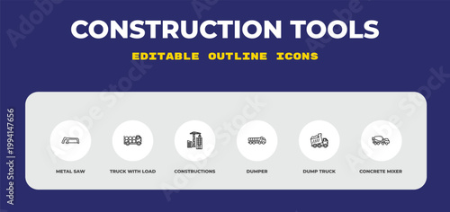 outline construction tools icons set - metal saw, truck with load, constructions. editable vector for web and mobile ui
