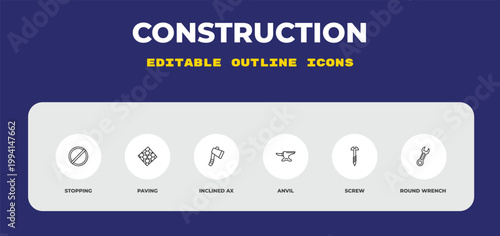 outline construction icons set - stopping, paving, inclined ax. editable vector for web and mobile ui