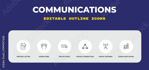outline communications icons set - writing letter, hands free, delete email. editable vector for web and mobile ui