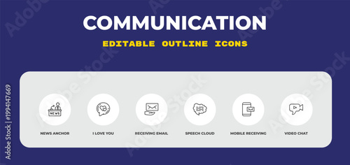 outline communication icons set - news anchor, i love you, receiving email. editable vector for web and mobile ui