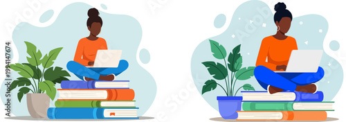 Flat vector illustration of a black woman student sitting on a stack of books, young female freelancer working on a laptop, online education concept