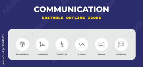 outline communication icons set - broadcasting, flag waving, transmitter. editable vector for web and mobile ui