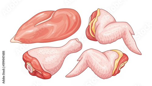 Raw Chicken Pieces on White Background 3.
