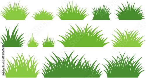 Green grass tufts collection, 13 vector lawn plant silhouettes, organic meadow grass borders for landscape design and garden illustrations
