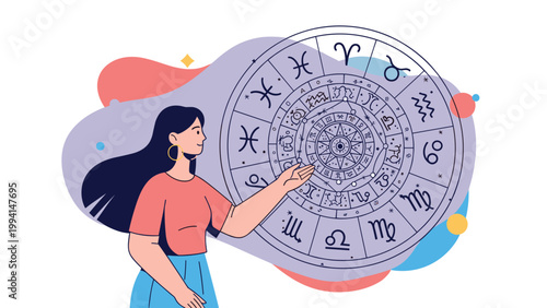 Woman pointing to a large circular zodiac wheel featuring various astrological symbols on a colorful abstract background.