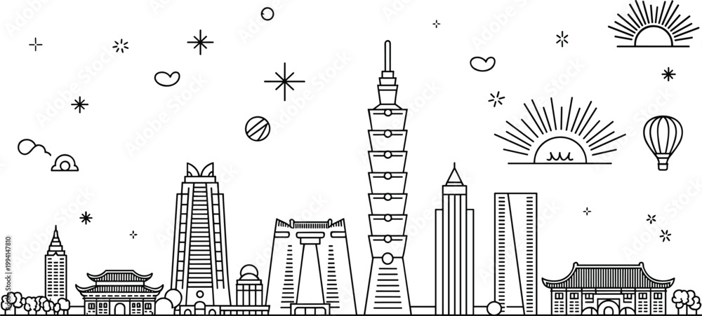 Obraz premium Taipei skyline line art illustration, famous Taiwan landmarks cityscape travel vector design