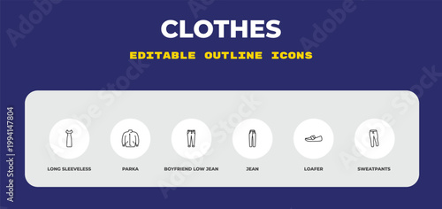 outline clothes icons set - long sleeveless dress, parka, boyfriend low jean. editable vector for web and mobile ui