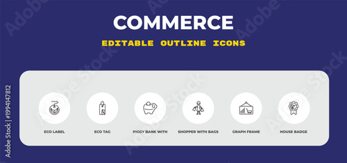 outline commerce icons set - eco label, eco tag, piggy bank with coin. editable vector for web and mobile ui