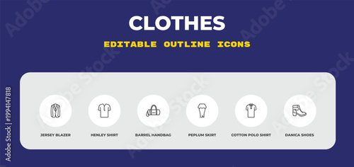 outline clothes icons set - jersey blazer, henley shirt, barrel handbag. editable vector for web and mobile ui