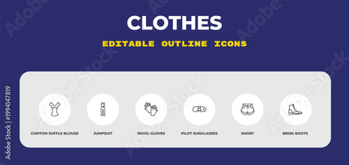 outline clothes icons set - chiffon suffle blouse, jumpsuit, wool gloves. editable vector for web and mobile ui