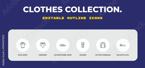 outline clothes collection. icons set - polo shirt, knickers, leather derby shoe. editable vector for web and mobile ui