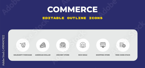 outline commerce icons set - solidarity purchase, american dollar, grocery store. editable vector for web and mobile ui