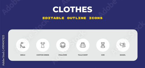 outline clothes icons set - heels, chiffon dress, pullover. editable vector for web and mobile ui