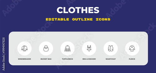 outline clothes icons set - windbreaker, bucket bag, turtleneck. editable vector for web and mobile ui