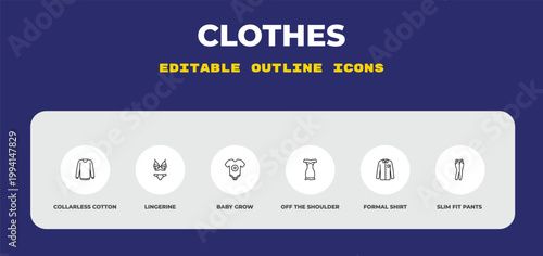 outline clothes icons set - collarless cotton shirt, lingerine, baby grow. editable vector for web and mobile ui