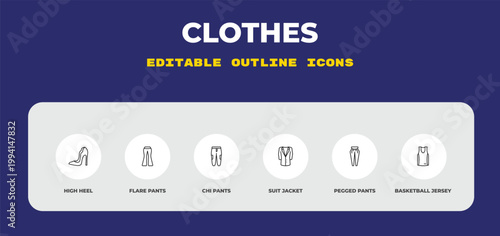 outline clothes icons set - high heel, flare pants, chi pants. editable vector for web and mobile ui