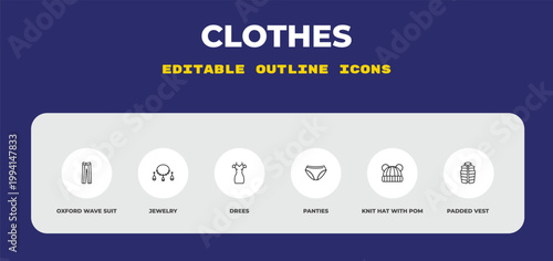 outline clothes icons set - oxford wave suit pants, jewelry, drees. editable vector for web and mobile ui