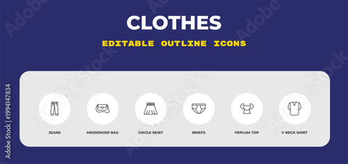 outline clothes icons set - jeans, messenger bag, circle skirt. editable vector for web and mobile ui