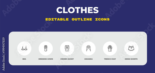 outline clothes icons set - bra, dressing gown, dinner jacket. editable vector for web and mobile ui