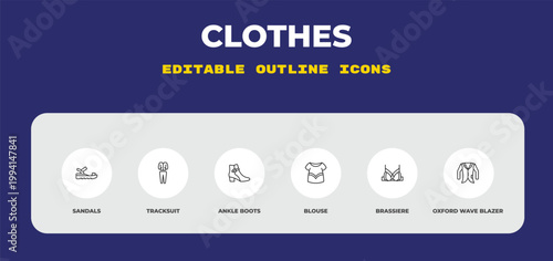 outline clothes icons set - sandals, tracksuit, ankle boots. editable vector for web and mobile ui
